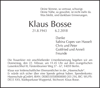 Traueranzeige von Klaus Bosse von Tagesspiegel