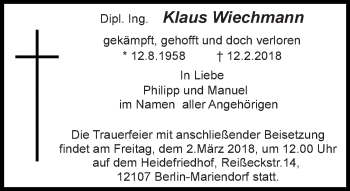 Traueranzeige von Klaus Wiechmann von Tagesspiegel