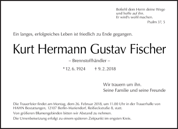 Traueranzeige von Kurt Hermann Gustav Fischer von Tagesspiegel