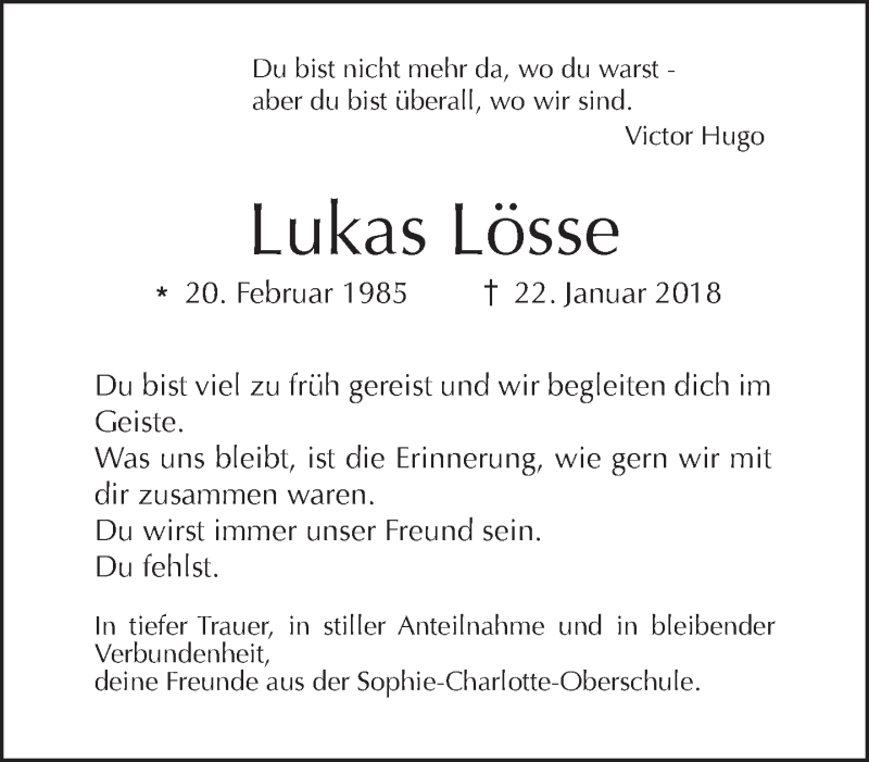  Traueranzeige für Lukas Lösse vom 11.02.2018 aus Tagesspiegel
