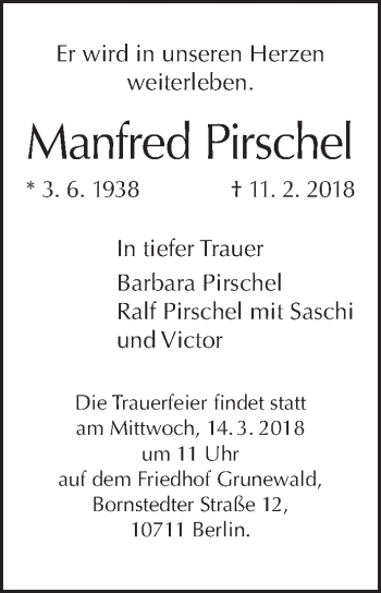 Traueranzeige von Manfred Pirschel von Tagesspiegel