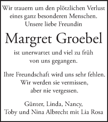 Traueranzeige von Margret Groebel von Tagesspiegel