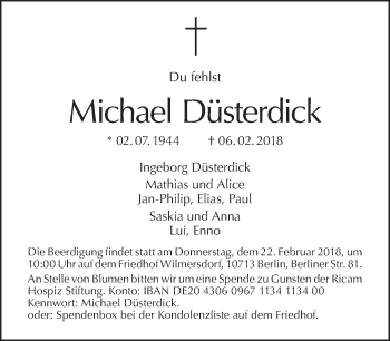 Traueranzeige von Michael Düsterdick von Tagesspiegel