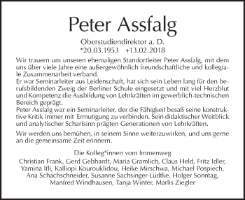 Traueranzeige von Peter Assfalg von Tagesspiegel