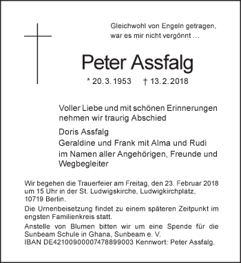 Traueranzeige von Peter Assfalg von Tagesspiegel