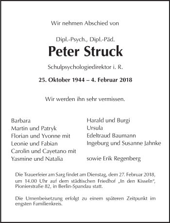 Traueranzeige von Peter Struck von Tagesspiegel