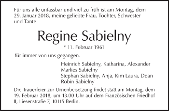 Traueranzeige von Regine Sabielny von Tagesspiegel