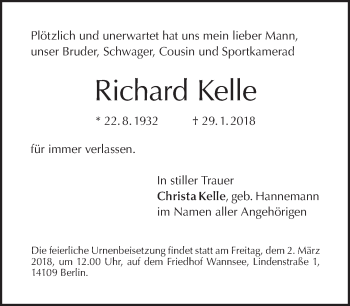 Traueranzeige von Richard Kelle von Tagesspiegel