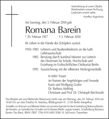 Traueranzeige von Romana Barein von Tagesspiegel