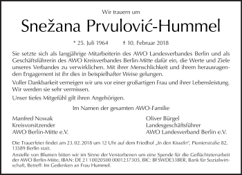 Traueranzeige von Snežana Prvulovic-Hummel von Tagesspiegel