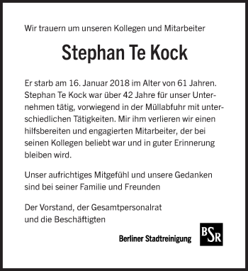 Traueranzeige von Stephan  Te Kock von Tagesspiegel