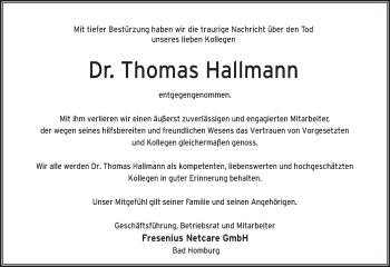 Traueranzeige von Thomas Hallmann von Tagesspiegel