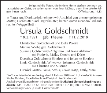 Traueranzeige von Ursula Goldschmidt von Tagesspiegel