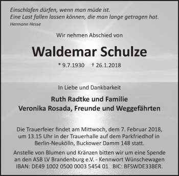 Traueranzeige von Waldemar Schulze von Tagesspiegel