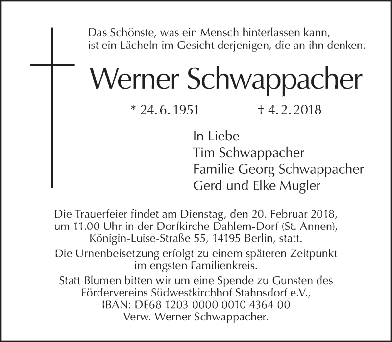  Traueranzeige für Werner Schwappacher vom 11.02.2018 aus Tagesspiegel
