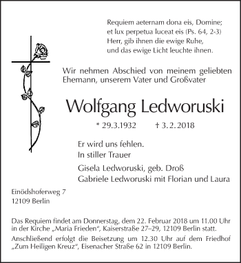 Traueranzeige von Wolfgang Ledworuski von Tagesspiegel