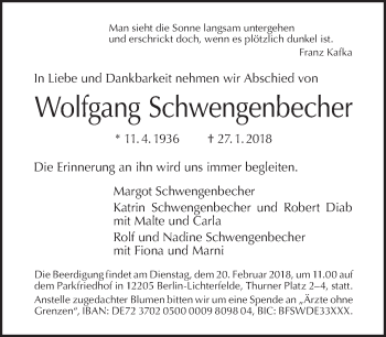 Traueranzeige von Wolfgang Schwengenbecher von Tagesspiegel