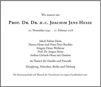 Traueranzeige von Joachim Jens Hesse 