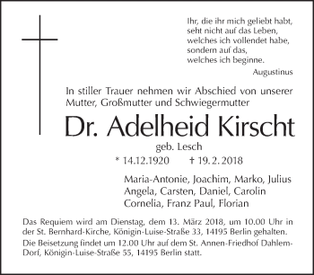 Traueranzeige von Adelheid Kirscht von Tagesspiegel