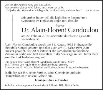 Traueranzeige von Alain-Florent Gandoulou von Tagesspiegel