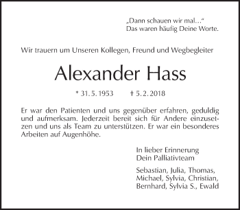 Traueranzeige von Alexander Hass von Tagesspiegel
