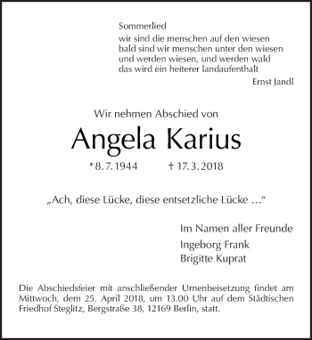 Traueranzeige von Angela Karius von Tagesspiegel