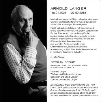Traueranzeige von Arnold Langer von Tagesspiegel