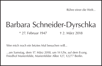 Traueranzeige von Barbara Schneider-Dyrschka von Tagesspiegel