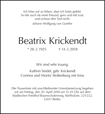 Traueranzeige von Beatrix Krickendt von Tagesspiegel