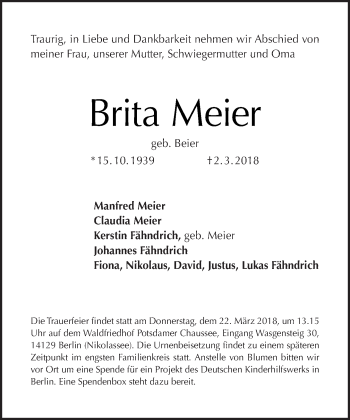 Traueranzeige von Brita Meier von Tagesspiegel