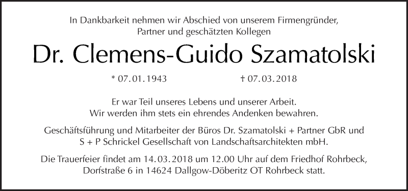  Traueranzeige für Clemens-Guido Szamatolski vom 11.03.2018 aus Tagesspiegel
