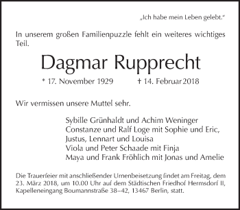 Traueranzeige von Dagmar Rupprecht von Tagesspiegel