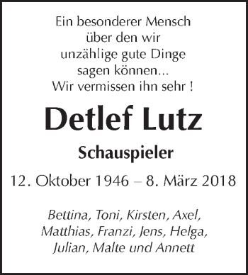 Traueranzeige von Detlef Lutz von Tagesspiegel