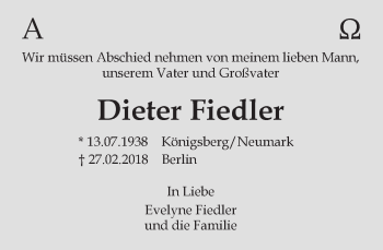Traueranzeige von Dieter Fiedler von Tagesspiegel