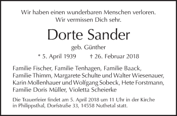 Traueranzeige von Dorte Sander von Tagesspiegel