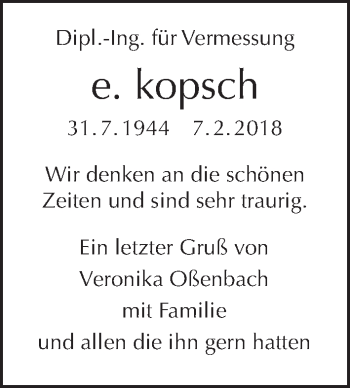 Traueranzeige von E. Kopsch von Tagesspiegel