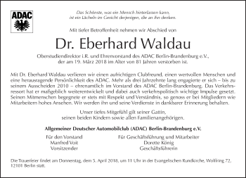Traueranzeige von Eberhard Waldau von Tagesspiegel
