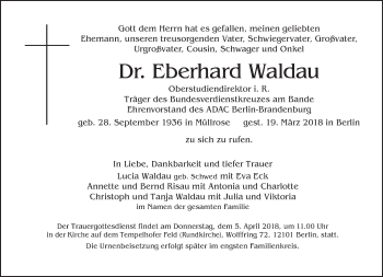 Traueranzeige von Eberhard Waldau von Tagesspiegel