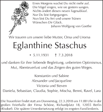 Traueranzeige von Eglanthine Staschus von Tagesspiegel
