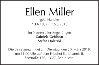 Traueranzeige von Ellen Miller von Tagesspiegel