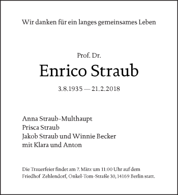 Traueranzeige von Enrico Straub von Tagesspiegel