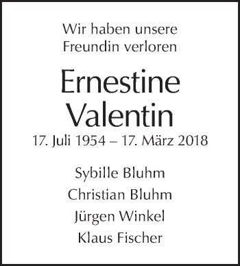 Traueranzeige von Ernestine Valentin von Tagesspiegel