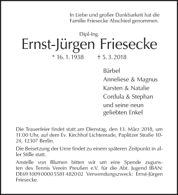 Traueranzeige von Ernst-Jürgen Friesecke von Tagesspiegel