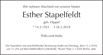 Traueranzeige von Esther Stapelfeldt von Tagesspiegel