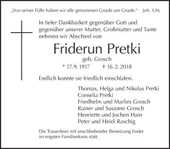 Traueranzeige von Friderun Pretki von Tagesspiegel