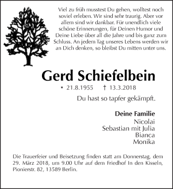 Traueranzeige von Gerd Schiefelbein von Tagesspiegel