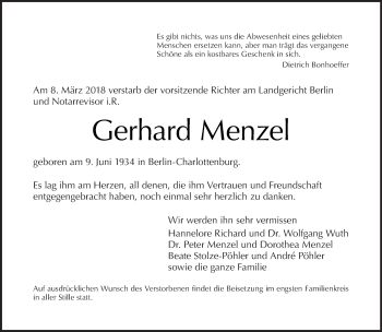 Traueranzeige von Gerhard Menzel von Tagesspiegel