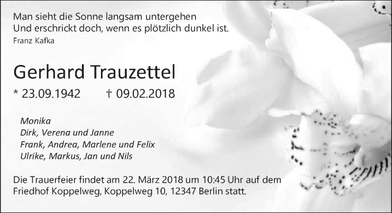 Traueranzeige für Gerhard Trauzettel vom 20.03.2018 aus Tagesspiegel