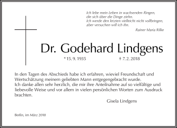 Traueranzeige von Godehard Lindgens von Tagesspiegel