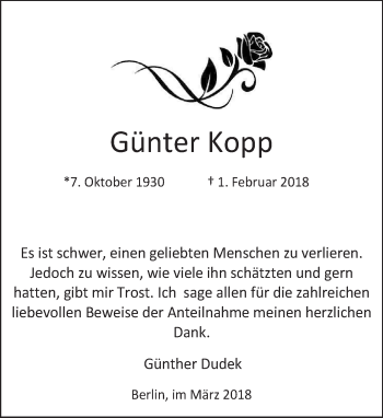 Traueranzeige von Günter Kopp von Tagesspiegel